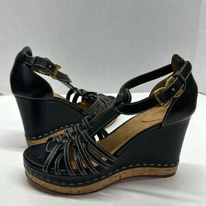 Chloe Marcie Wedges Leather T-Strap Platform High Heel Sandals Black Size 40.5